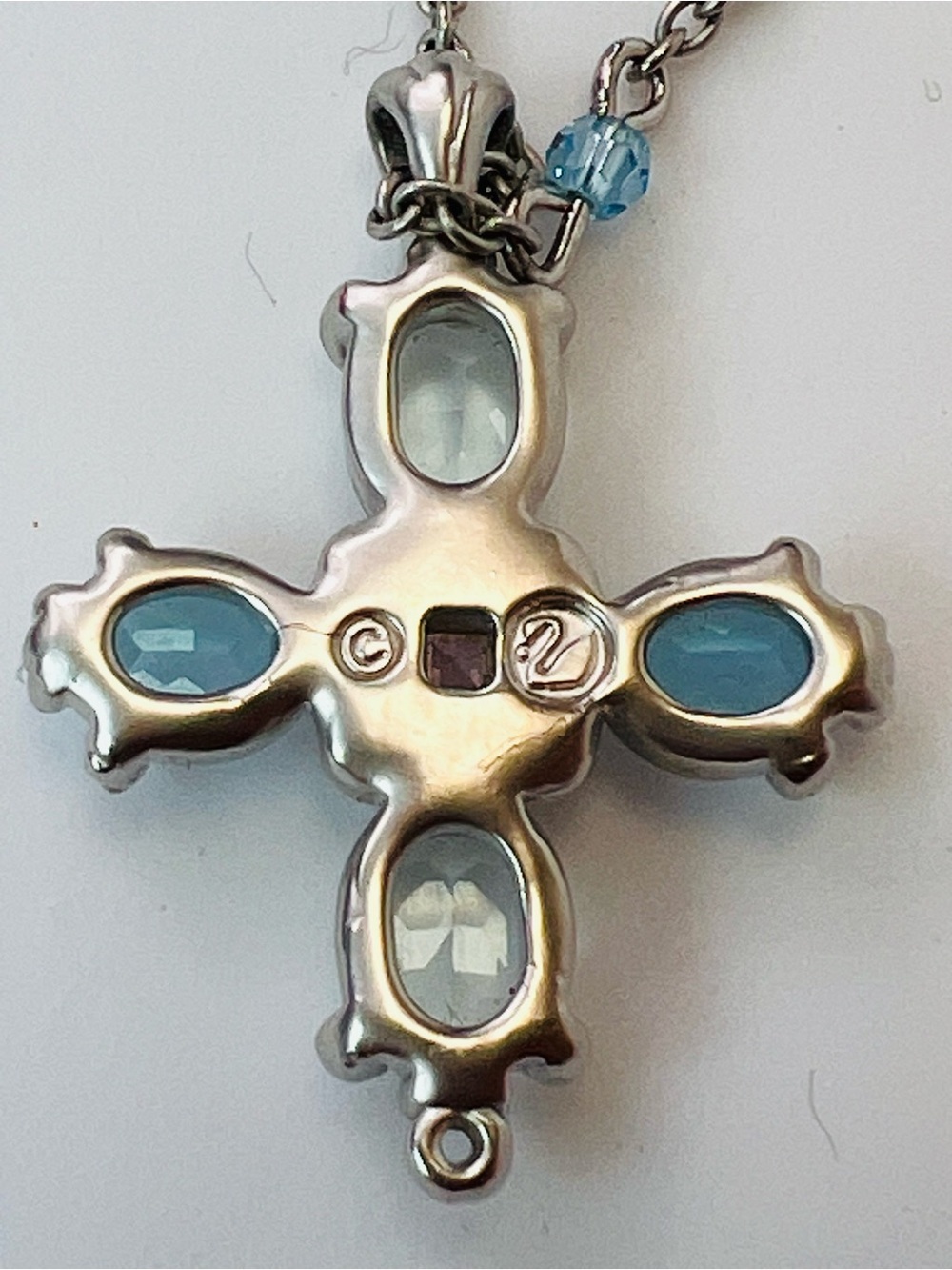 Swarovski Crystal Cross Necklace Sterling Silver Blue Crystal & Pink Accent Swan - Picture 5 of 8